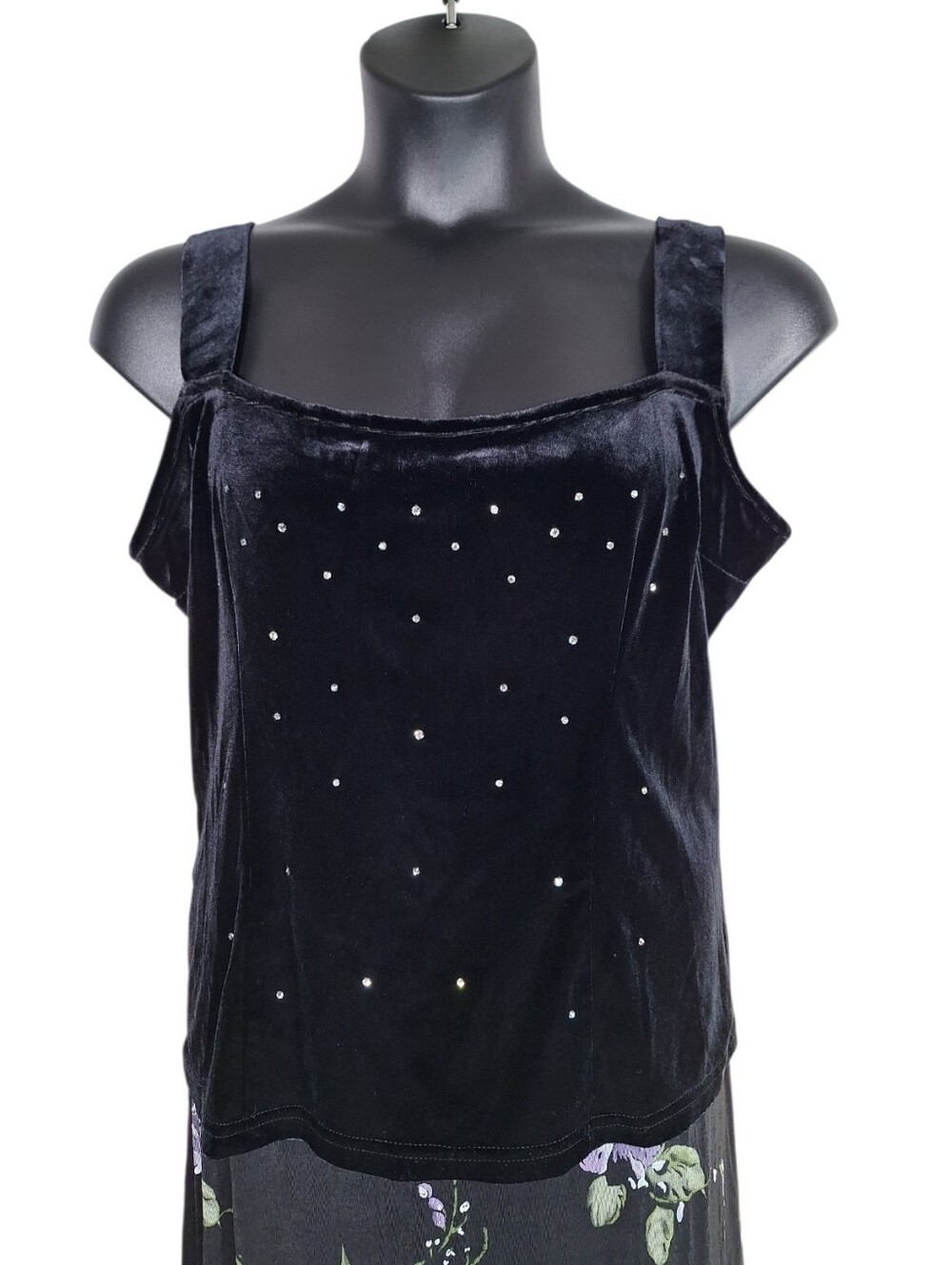 Vintage 90s Black Velvet Rhinestone Tank Top L Whimsigoth Goth Fairy Grunge